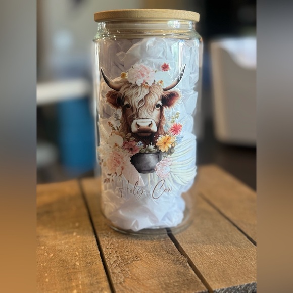 Floral Cow Print Glass cup with Wooden Lid - Picture 1 of 2